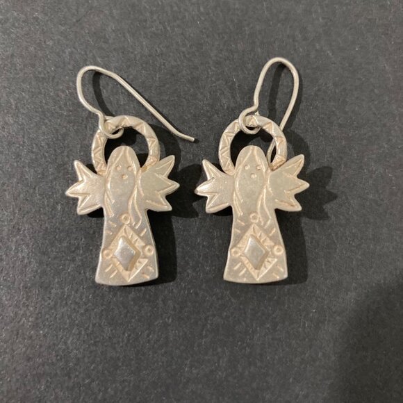 Sterling Silver Angel Dangle Earrings With Etched Details Signed And Marked - Picture 1 of 4